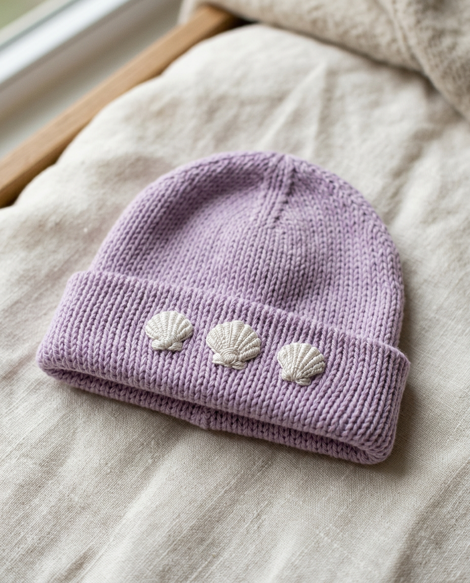 Gorro lavanda con tres conchas bordadas sobre el borde