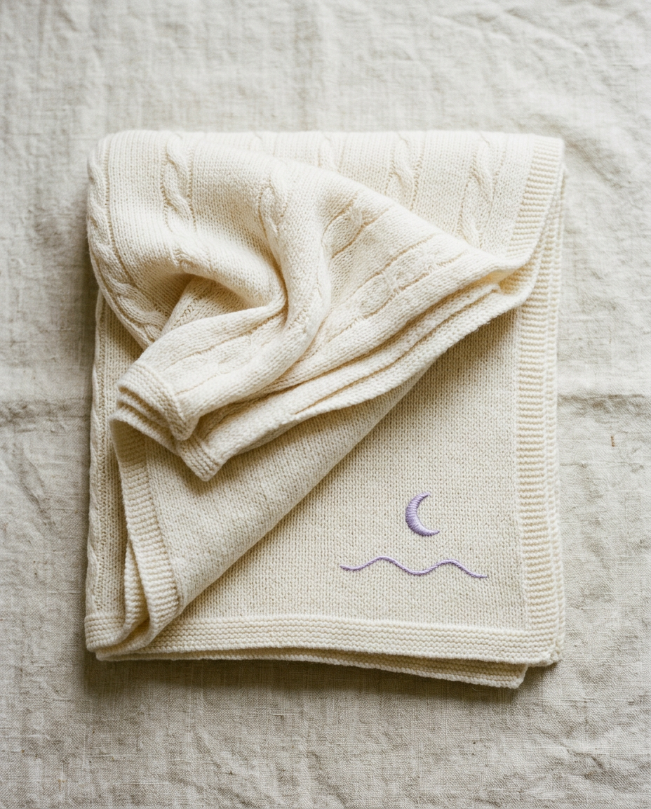 Manta color perla con una luna y una linea de mar bordadas en una esquina